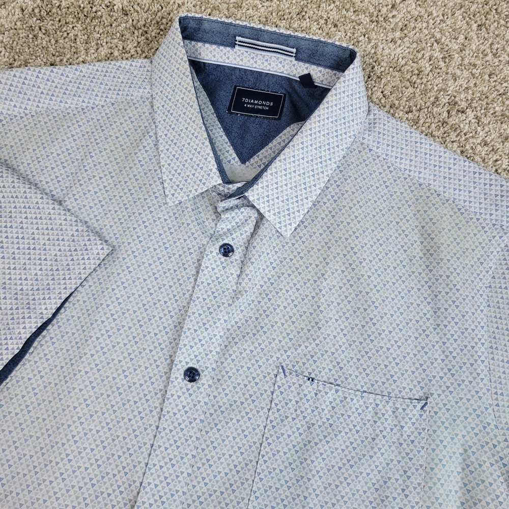 7 Diamonds 4 Way Stretch Mens 2XL White Gray AOP Geometric Button Up SS